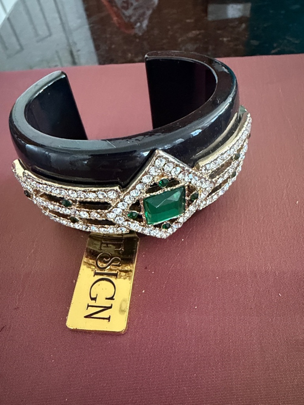 Black Resin Cuff Bracelet with Emerald Green Crystal Accent
